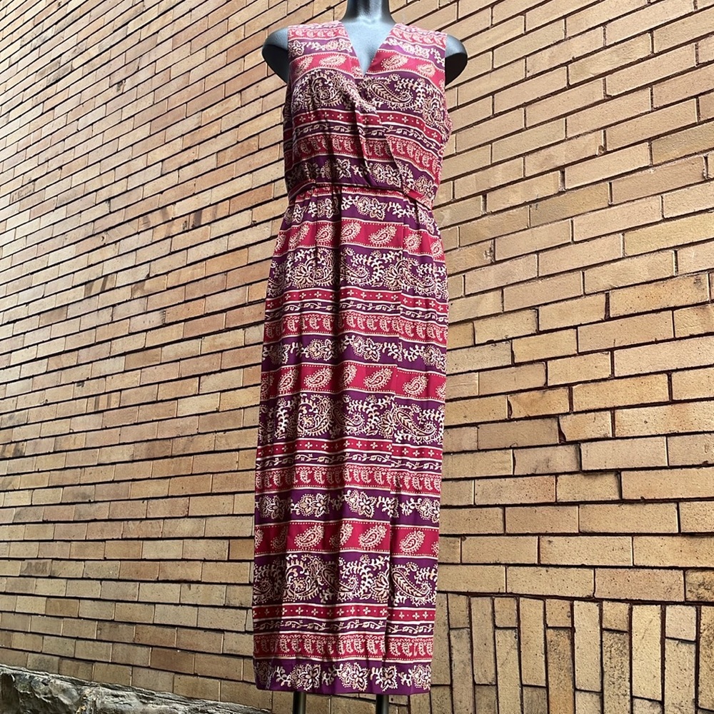 Vintage 90s Maggy London 100% Silk burgundy plum faux wrap tie dress Size 6